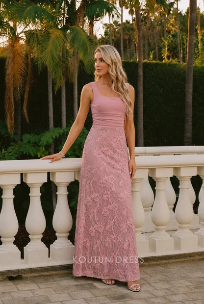 Elegant A-Line Square Neck Sleeveless Floral Lace Dusty Pink Floor-Length Prom Dress