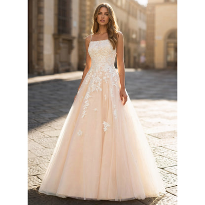 Elegant A-Line Square Neck Sleeveless Floral Sparkling Light Peach Floor-Length Prom Dresses