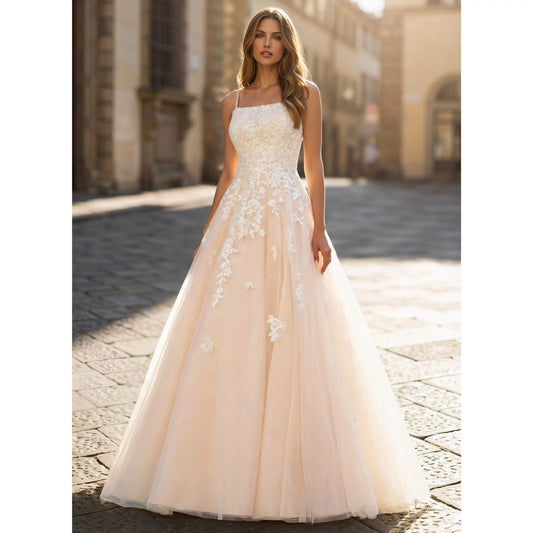 Elegant A-Line Square Neck Sleeveless Floral Sparkling Light Peach Floor-Length Prom Dresses