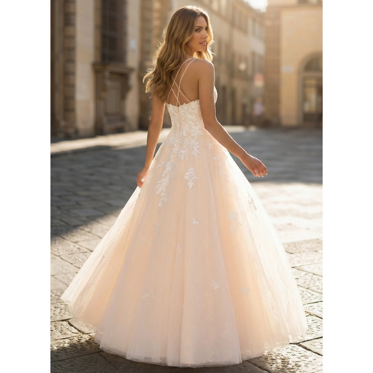 Elegant A-Line Square Neck Sleeveless Floral Sparkling Light Peach Floor-Length Prom Dresses