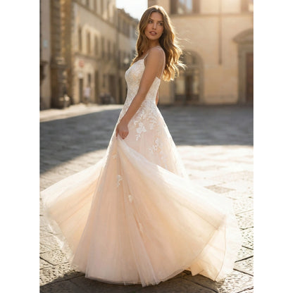 Elegant A-Line Square Neck Sleeveless Floral Sparkling Light Peach Floor-Length Prom Dresses