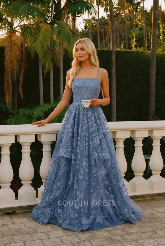 Elegant A-Line Square Neck Sleeveless Floral Tiered Dusty Blue Floor-Length Prom Dress