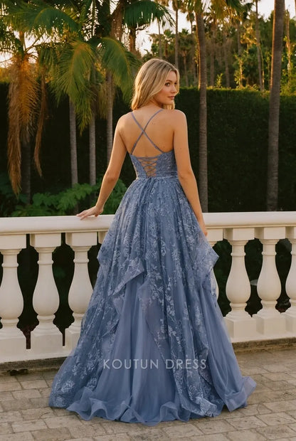 Elegant A-Line Square Neck Sleeveless Floral Tiered Dusty Blue Floor-Length Prom Dress