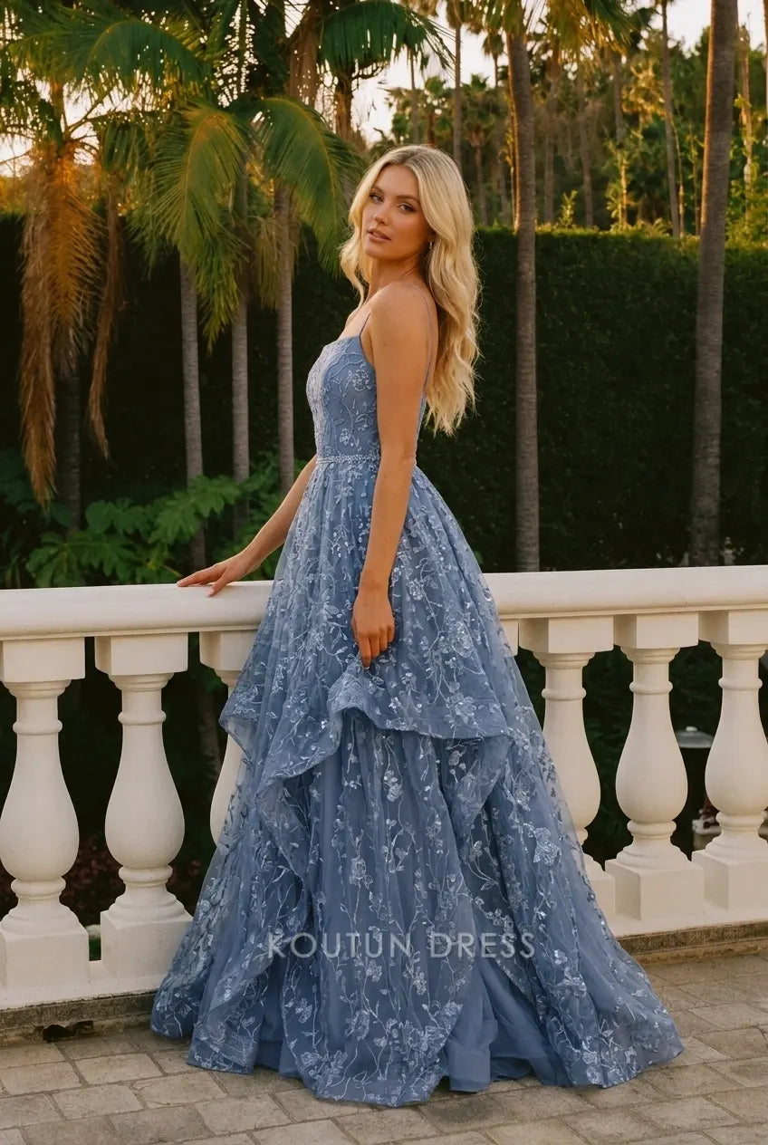Elegant A-Line Square Neck Sleeveless Floral Tiered Dusty Blue Floor-Length Prom Dress