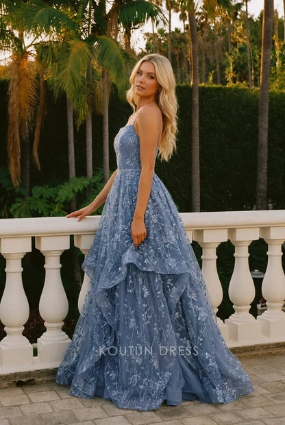 Elegant A-Line Square Neck Sleeveless Floral Tiered Dusty Blue Floor-Length Prom Dress
