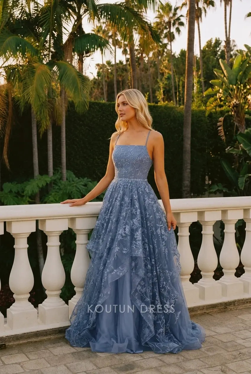 Elegant A-Line Square Neck Sleeveless Floral Tiered Dusty Blue Floor-Length Prom Dress
