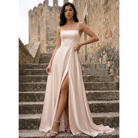 Elegant A-Line Square Neck Sleeveless High Slit Backless Blush Pink Floor-Length Prom Dresses