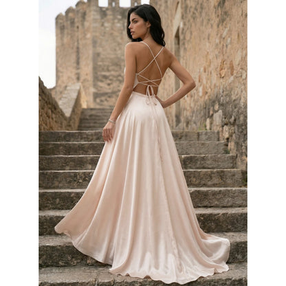 Elegant A-Line Square Neck Sleeveless High Slit Backless Blush Pink Floor-Length Prom Dresses