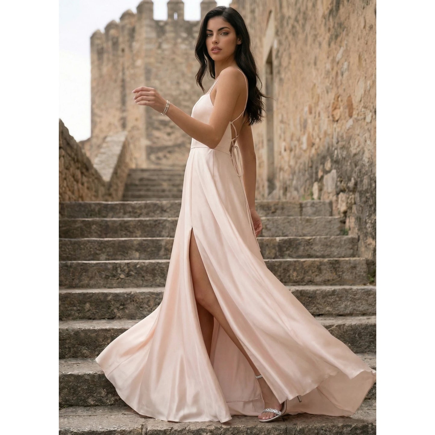 Elegant A-Line Square Neck Sleeveless High Slit Backless Blush Pink Floor-Length Prom Dresses