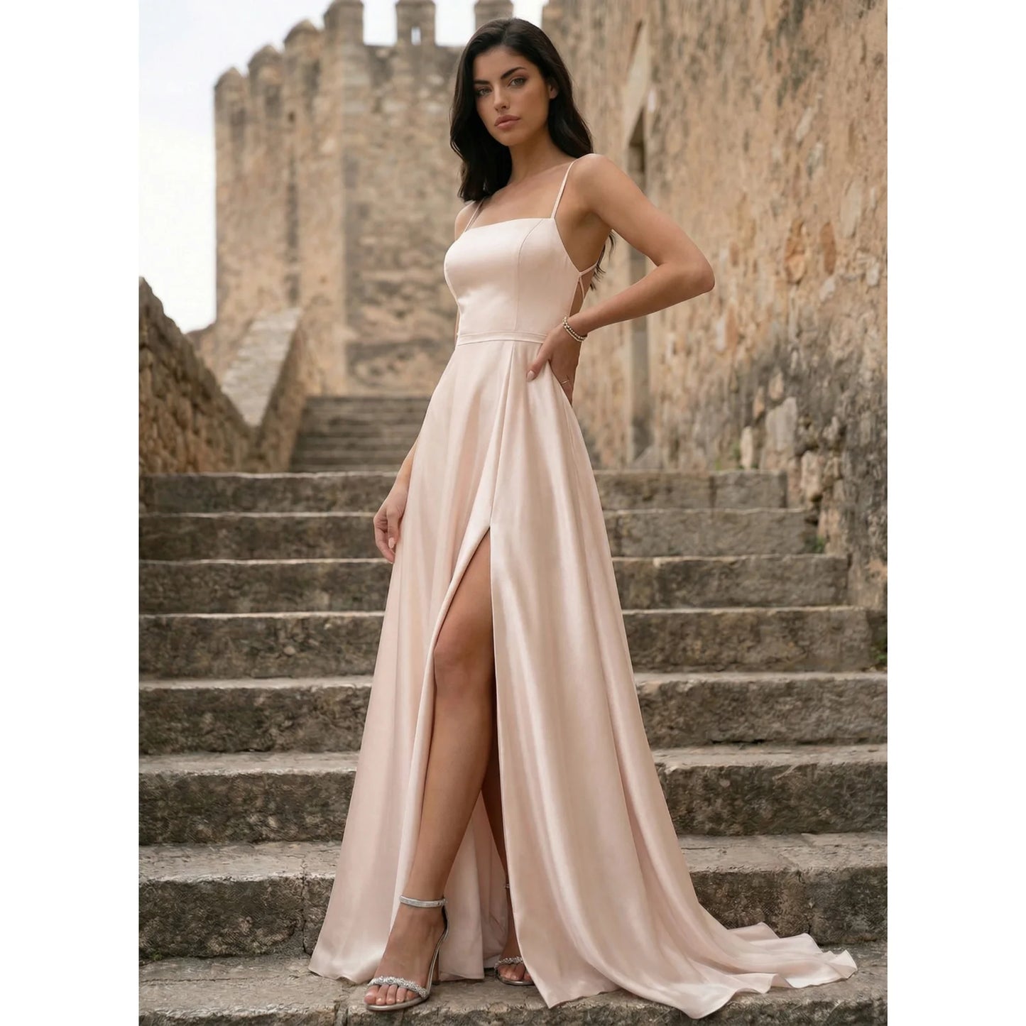 Elegant A-Line Square Neck Sleeveless High Slit Backless Blush Pink Floor-Length Prom Dresses