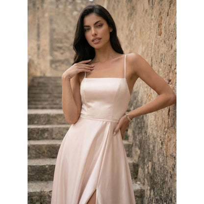 Elegant A-Line Square Neck Sleeveless High Slit Backless Blush Pink Floor-Length Prom Dresses