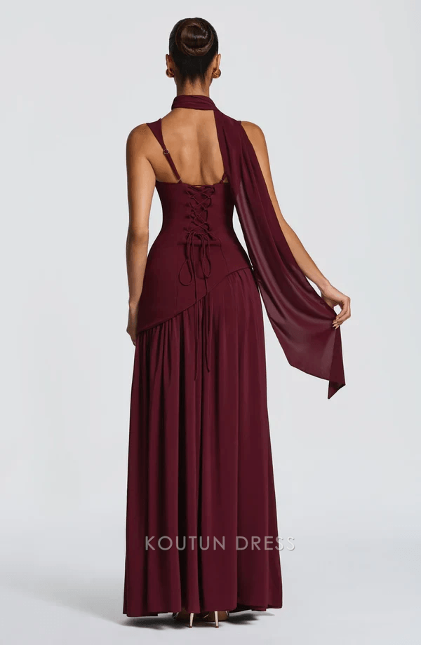 Elegant A-Line Square Neck Sleeveless High Slit Burgundy Floor-Length Prom Dress