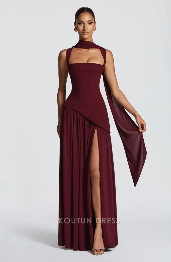 Elegant A-Line Square Neck Sleeveless High Slit Burgundy Floor-Length Prom Dress