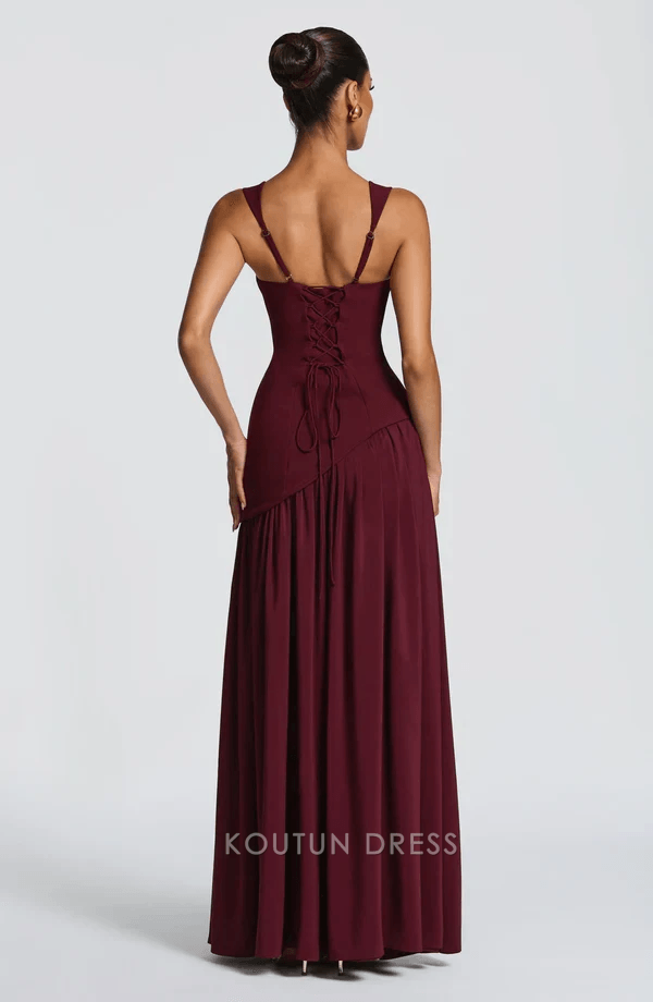Elegant A-Line Square Neck Sleeveless High Slit Burgundy Floor-Length Prom Dress
