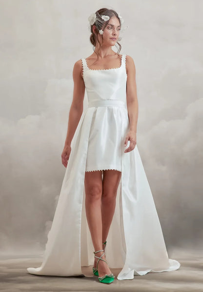 Elegant A-Line Square Neck Sleeveless Pearl Trim White High-Low Wedding Dress