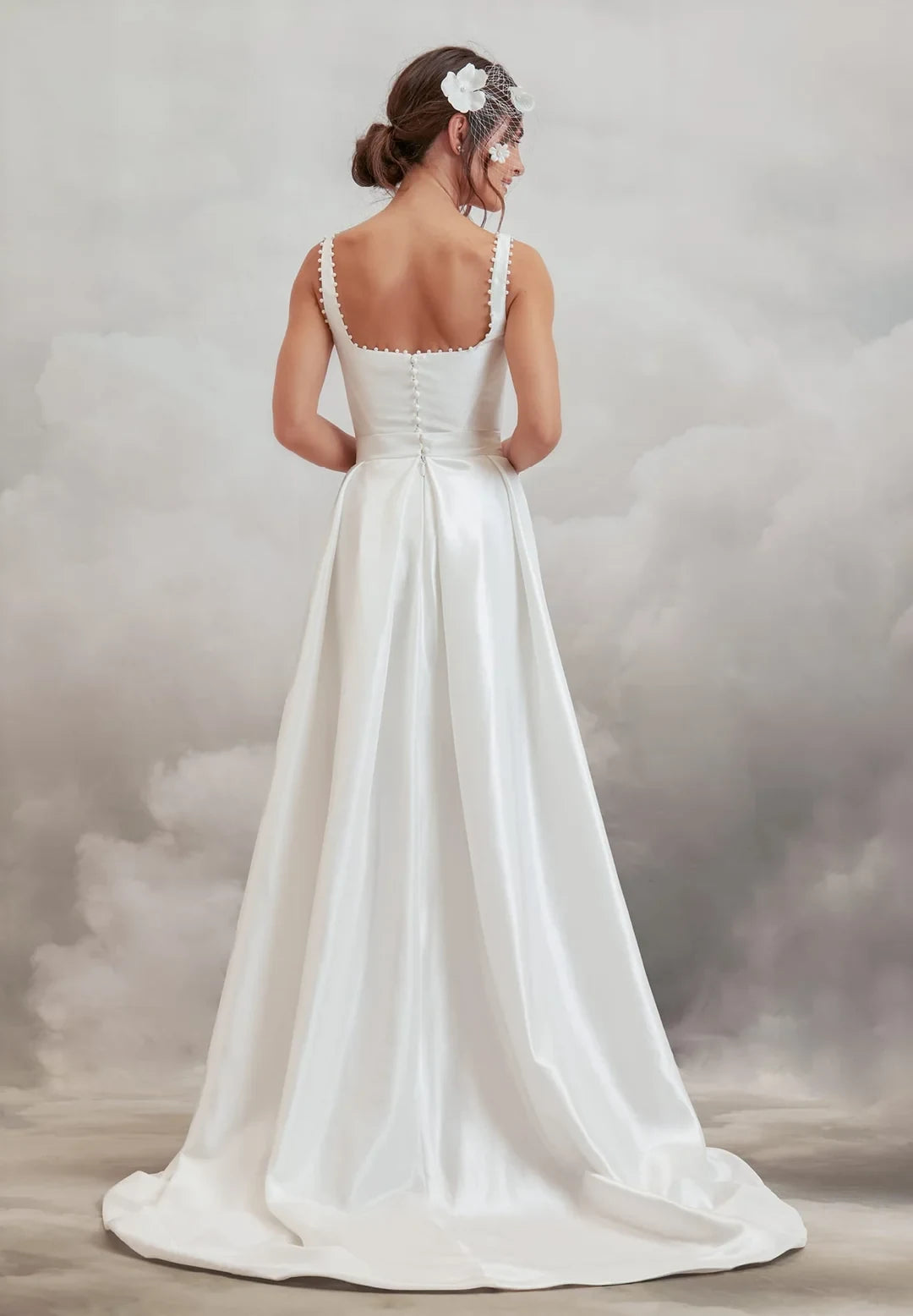 Elegant A-Line Square Neck Sleeveless Pearl Trim White High-Low Wedding Dress