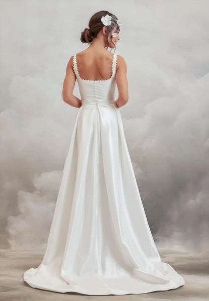 Elegant A-Line Square Neck Sleeveless Pearl Trim White High-Low Wedding Dress