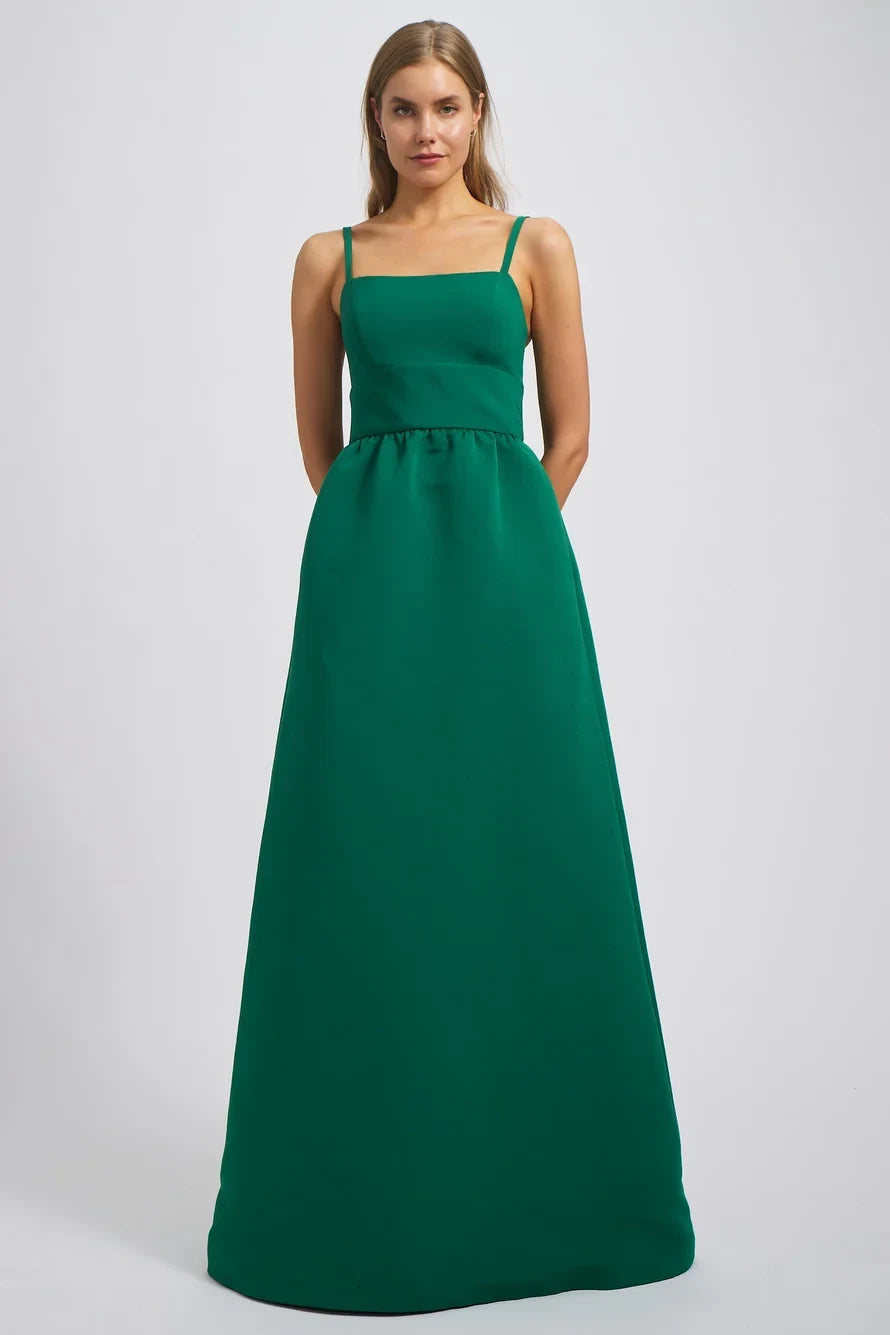 Elegant A-Line Square Neck Sleeveless Pleated Emerald Green Floor-Length Bridesmaid Gown