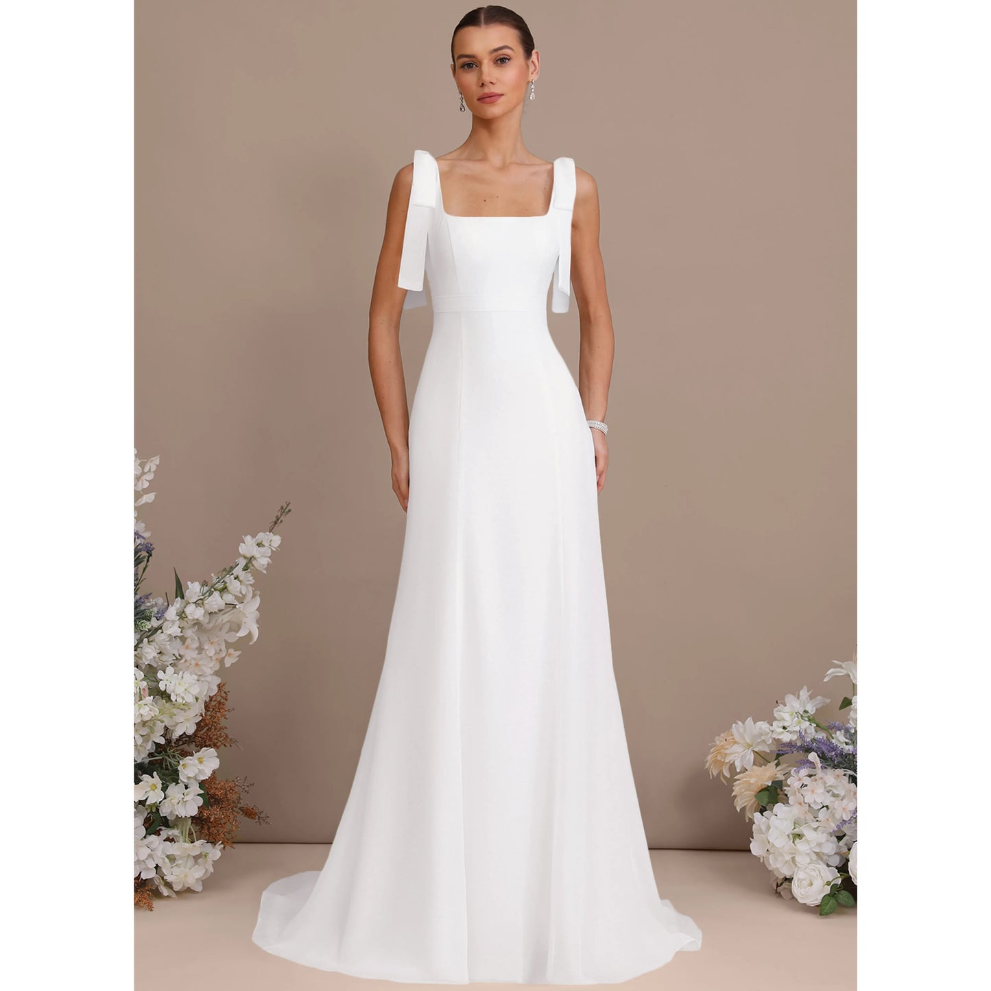 Elegant A-Line Square Neck Sleeveless Romantic White Floor-Length Wedding Dresses Brides Gown