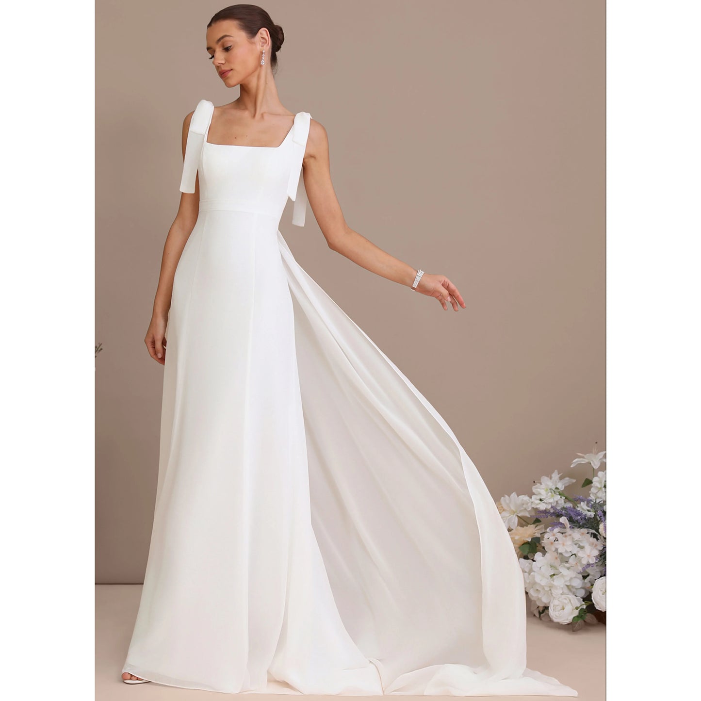 Elegant A-Line Square Neck Sleeveless Romantic White Floor-Length Wedding Dresses Brides Gown