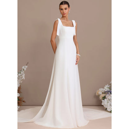 Elegant A-Line Square Neck Sleeveless Romantic White Floor-Length Wedding Dresses Brides Gown