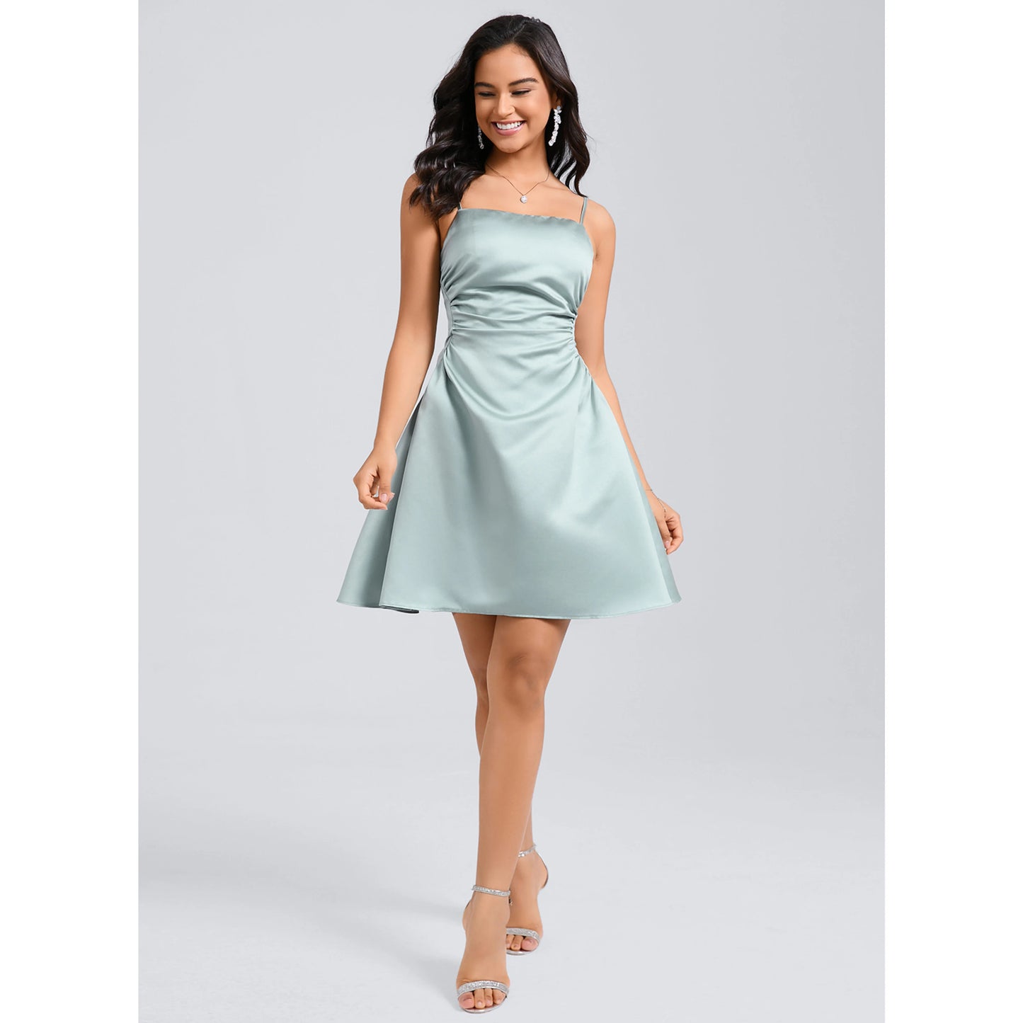 Elegant A-Line Square Neck Sleeveless Ruched Chic Mint Short Homecoming Dress