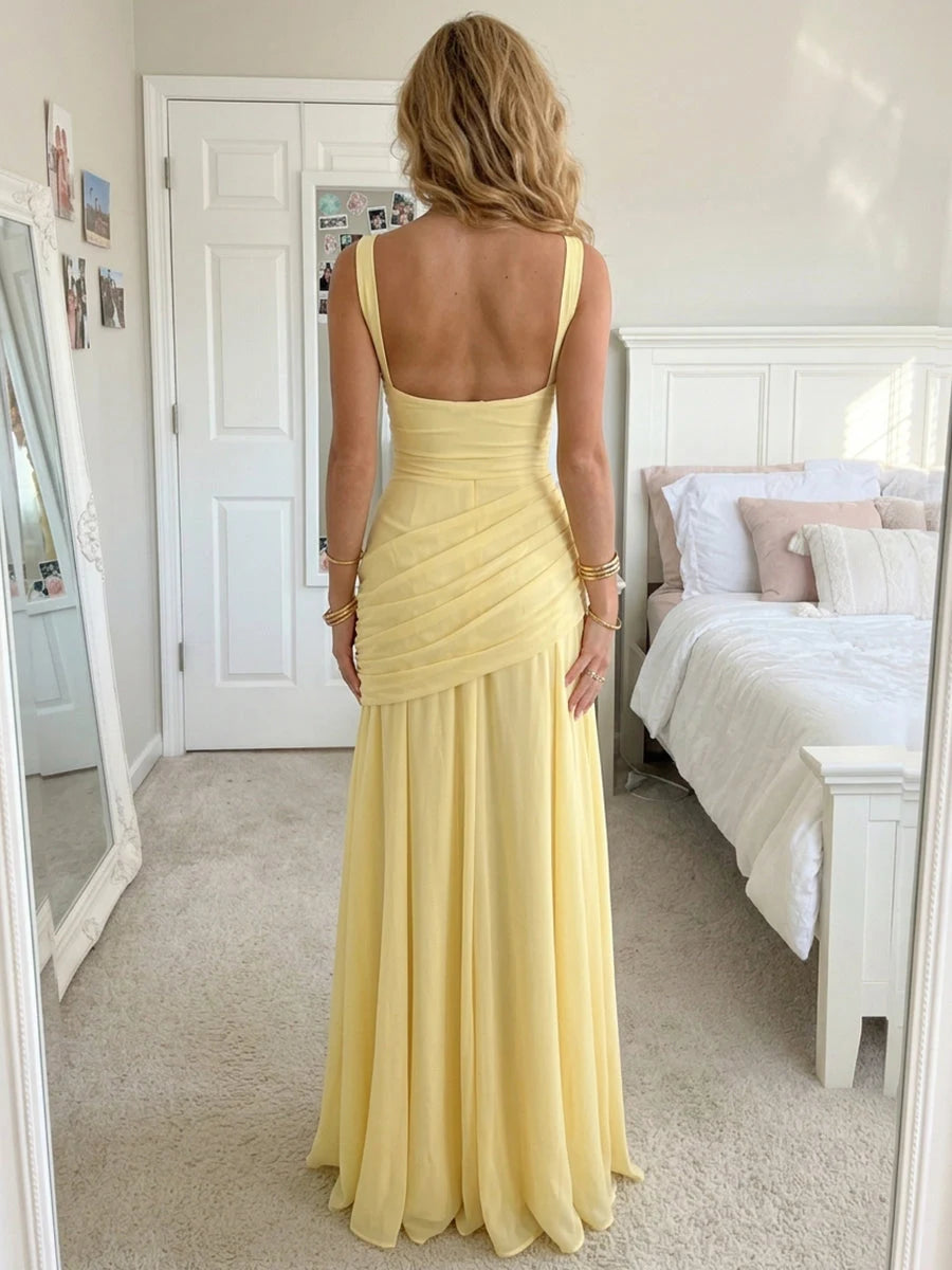 Elegant A-Line Square Neck Sleeveless Ruched Draped Yellow Prom Dresses Gown