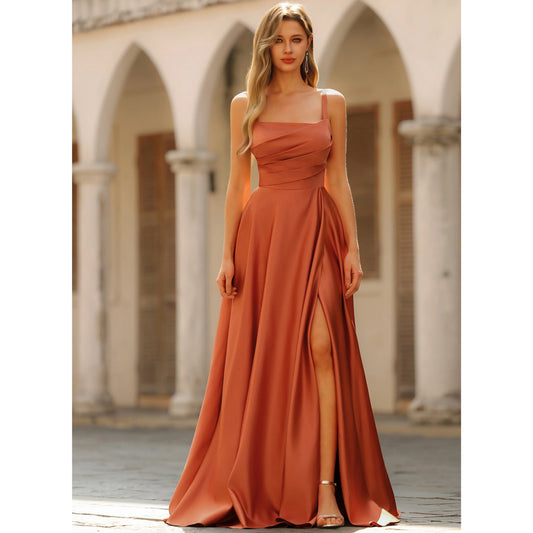 Elegant A-Line Square Neck Sleeveless Ruched Slit Terracotta Floor-Length Prom Dresses for Women