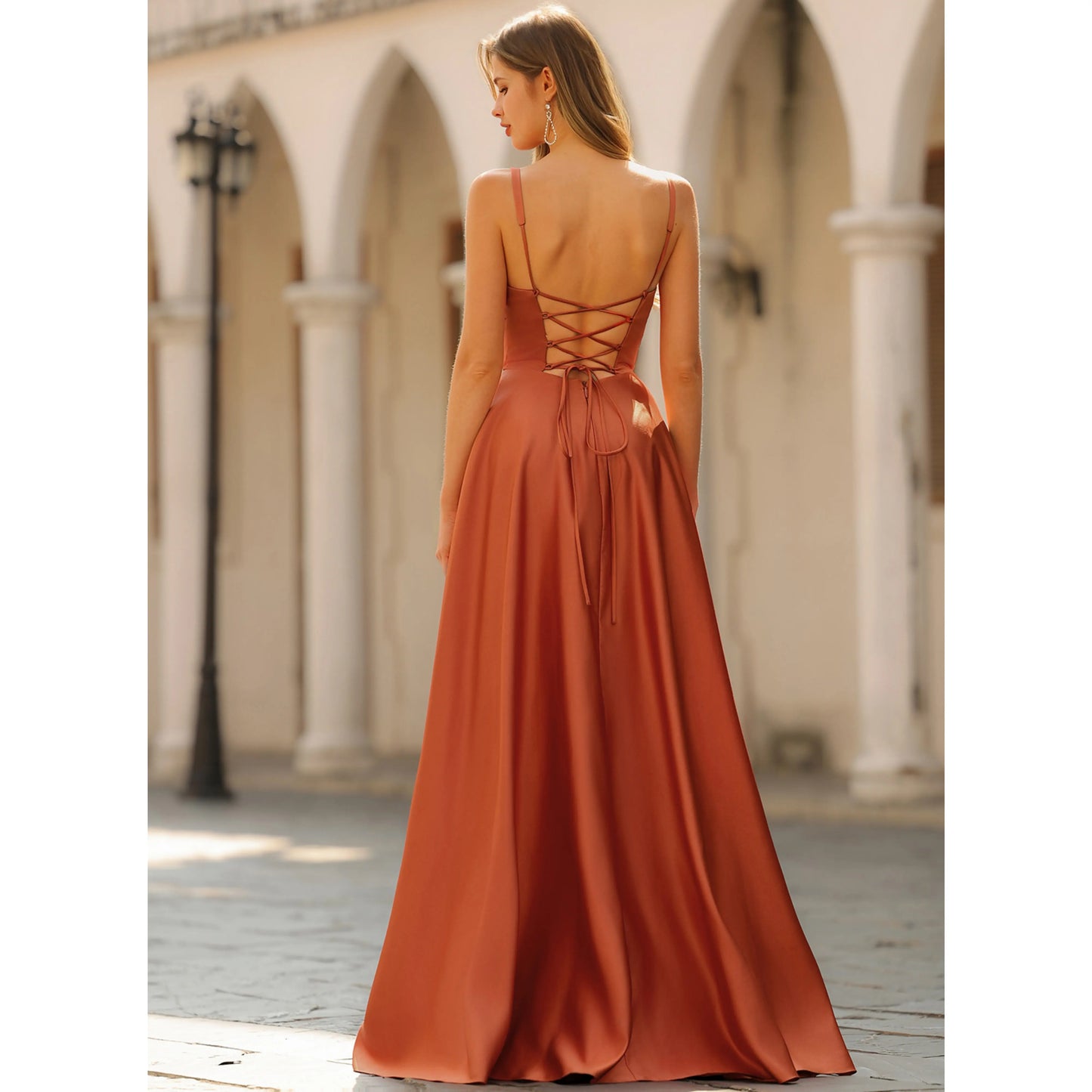 Elegant A-Line Square Neck Sleeveless Ruched Slit Terracotta Floor-Length Prom Dresses for Women