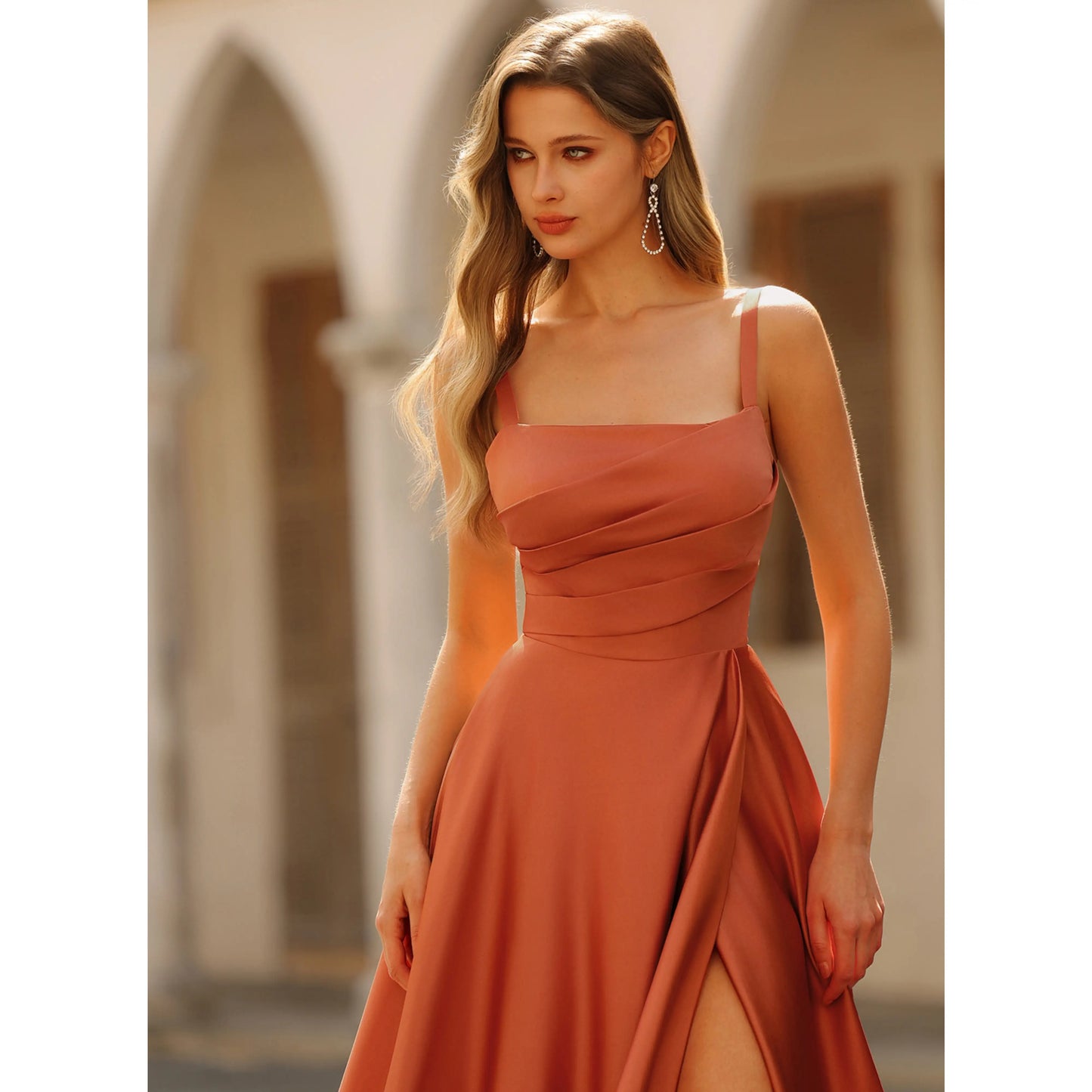 Elegant A-Line Square Neck Sleeveless Ruched Slit Terracotta Floor-Length Prom Dresses for Women