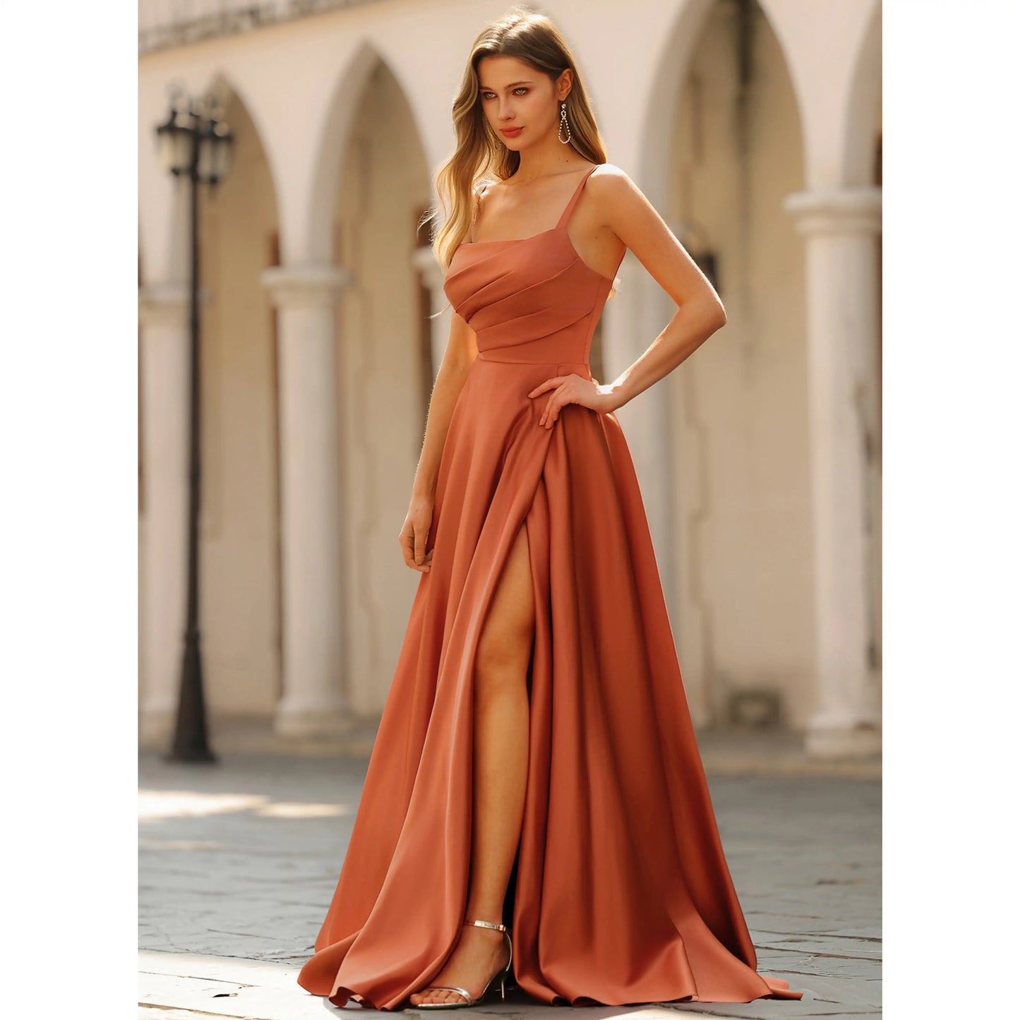 Elegant A-Line Square Neck Sleeveless Ruched Slit Terracotta Floor-Length Prom Dresses for Women