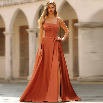 Elegant A-Line Square Neck Sleeveless Ruched Slit Terracotta Floor-Length Prom Dresses for Women