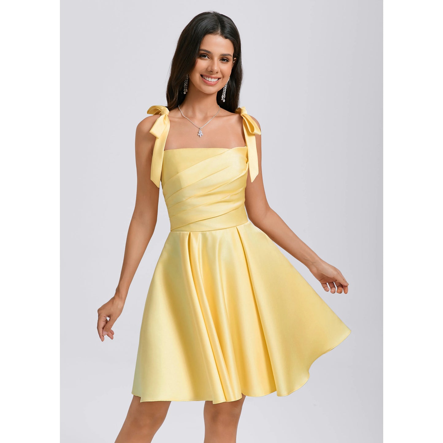 Elegant A-Line Square Neck Sleeveless Ruched Yellow Short Homecoming Dress for Women