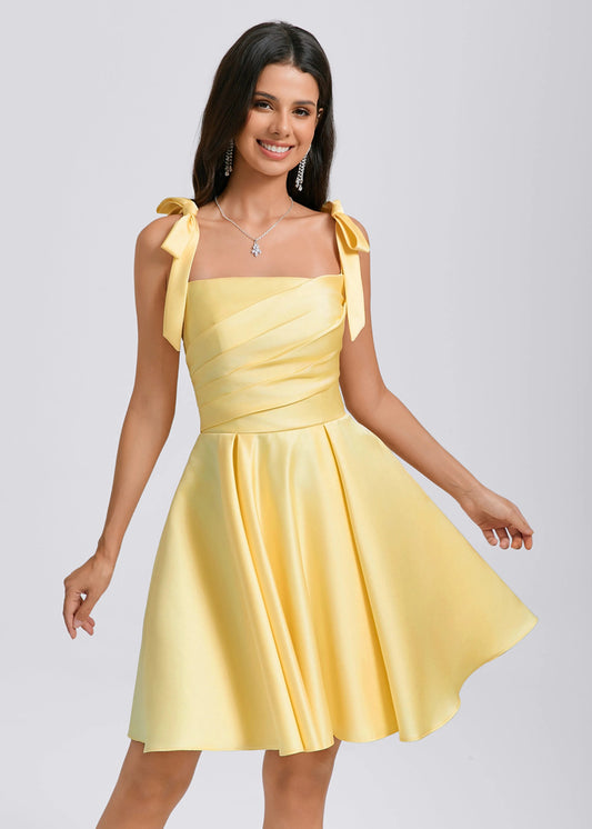 Elegant A-Line Square Neck Sleeveless Ruched Yellow Short Homecoming Dress for Women