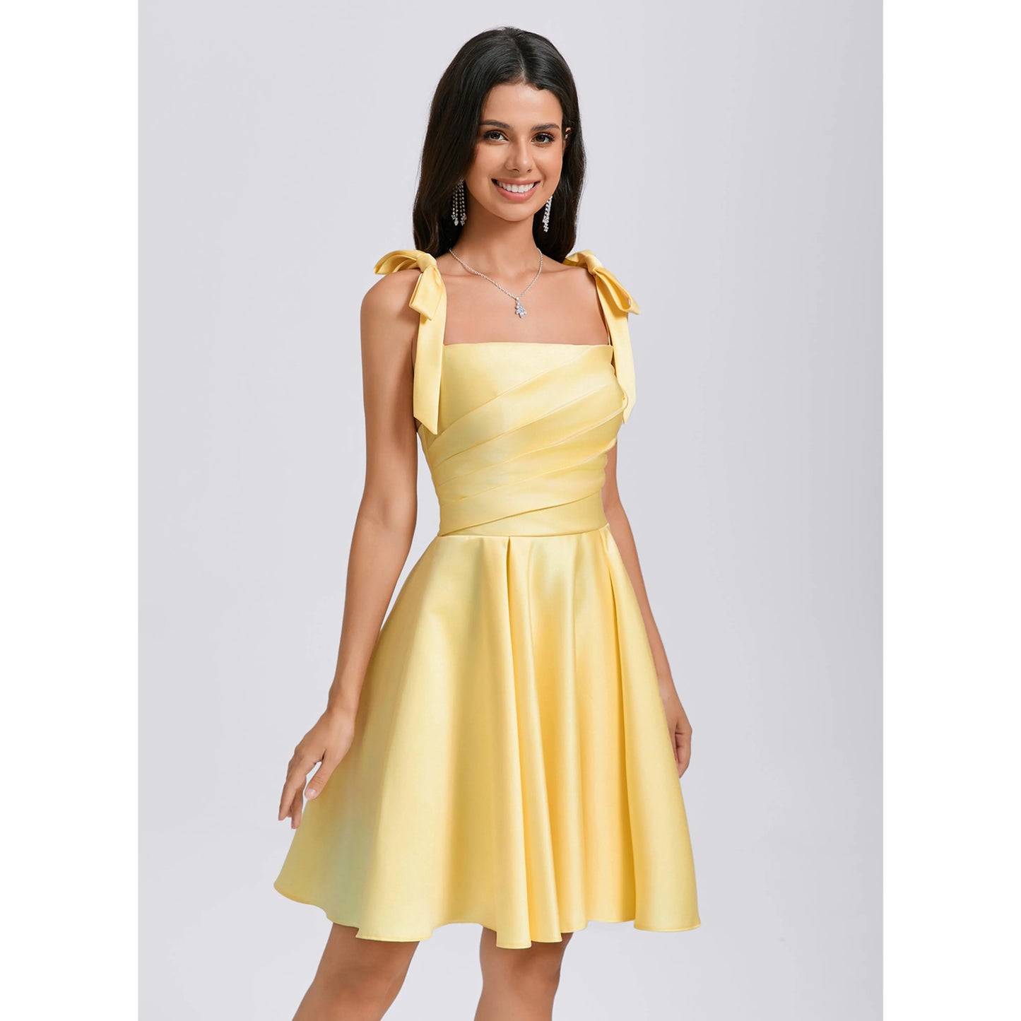 Elegant A-Line Square Neck Sleeveless Ruched Yellow Short Homecoming Dress for Women
