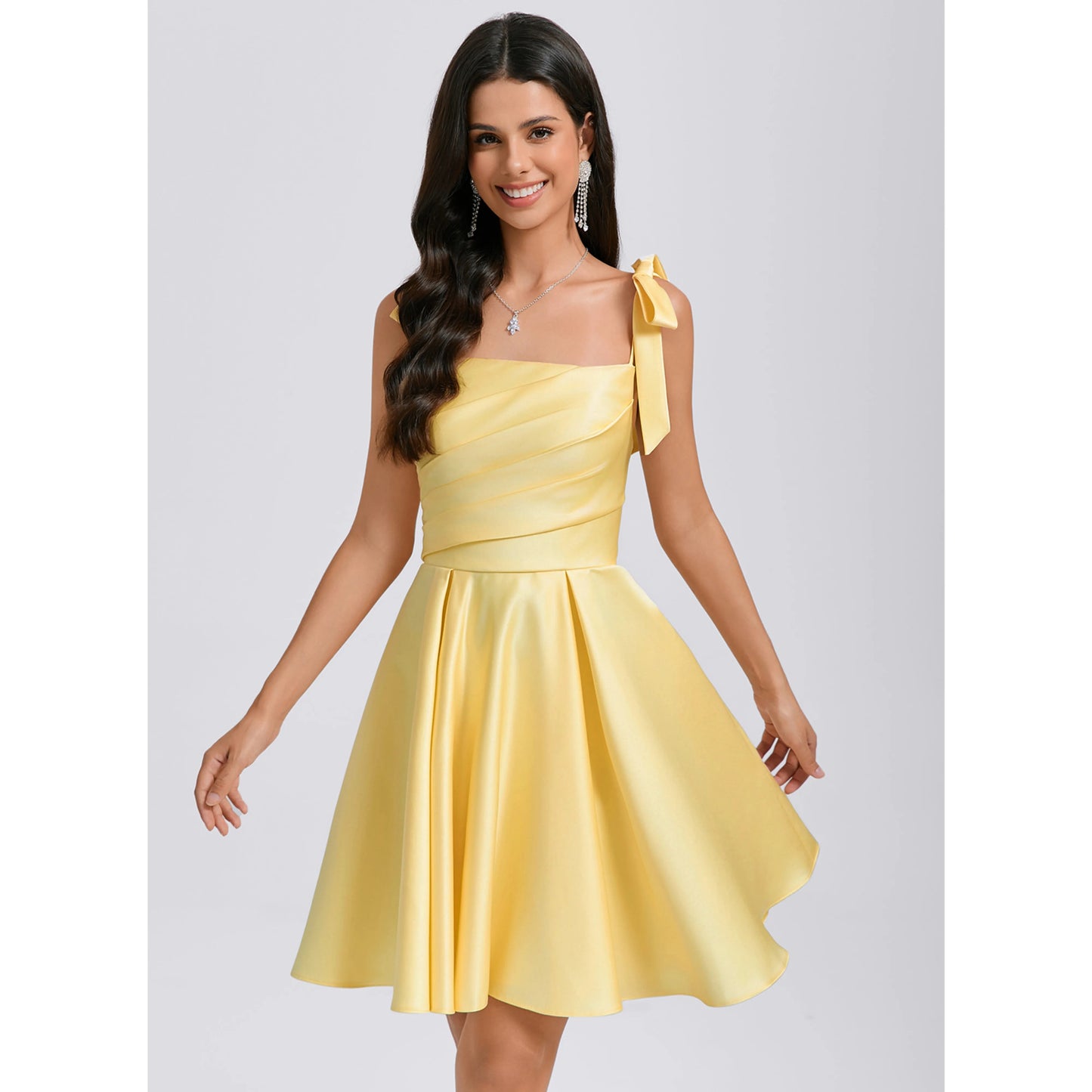 Elegant A-Line Square Neck Sleeveless Ruched Yellow Short Homecoming Dress for Women