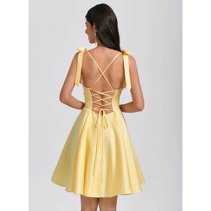 Elegant A-Line Square Neck Sleeveless Ruched Yellow Short Homecoming Dress for Women