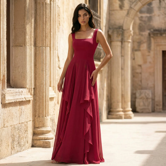 Elegant A-Line Square Neck Sleeveless Ruffled Deep Red Floor-Length Prom Gown