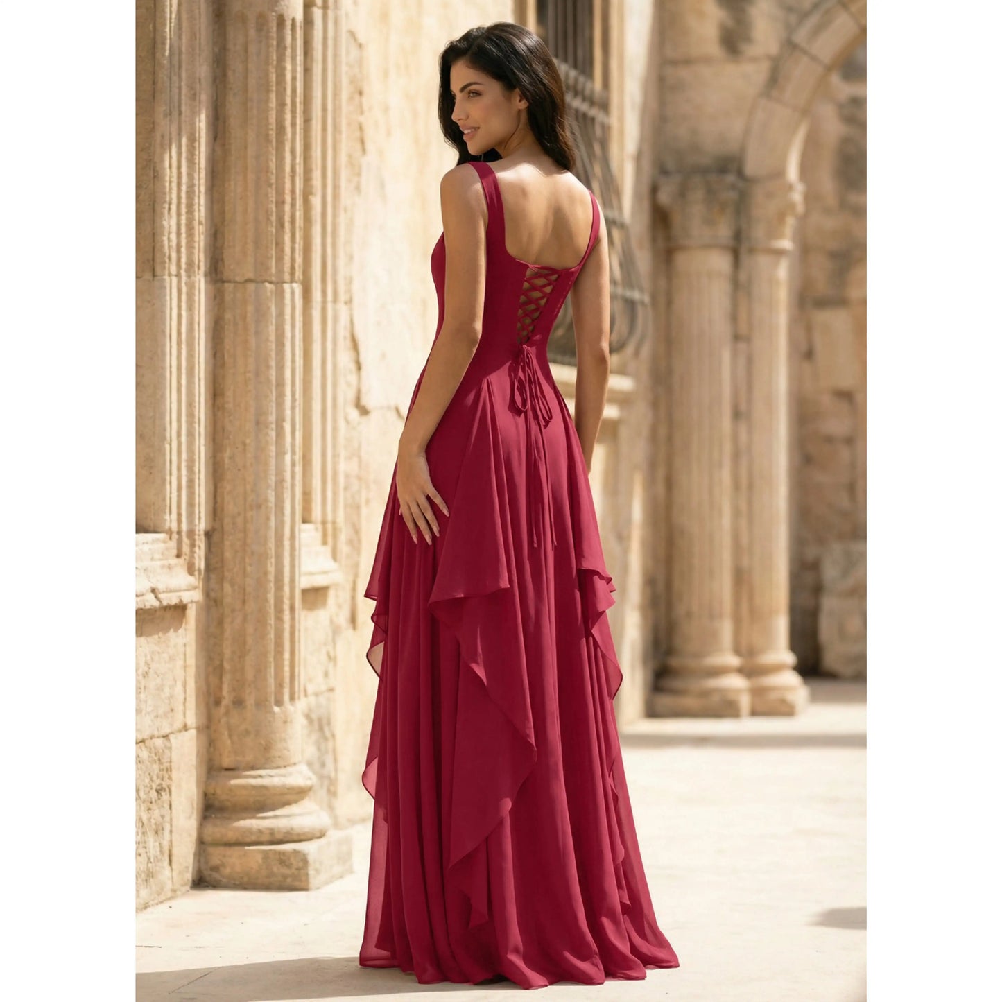 Elegant A-Line Square Neck Sleeveless Ruffled Deep Red Floor-Length Prom Gown