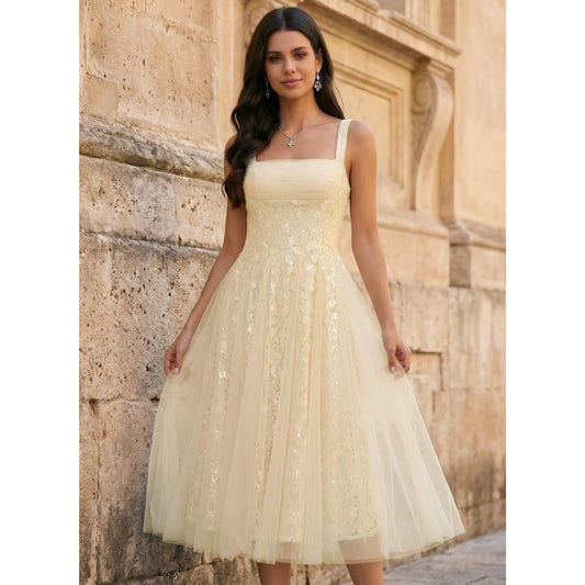 Elegant A-Line Square Neck Sleeveless Sequin Tulle Light Yellow Midi Prom Dress
