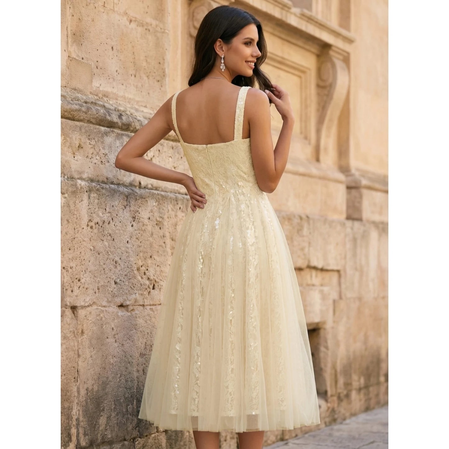 Elegant A-Line Square Neck Sleeveless Sequin Tulle Light Yellow Midi Prom Dress
