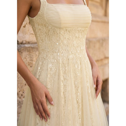 Elegant A-Line Square Neck Sleeveless Sequin Tulle Light Yellow Midi Prom Dress