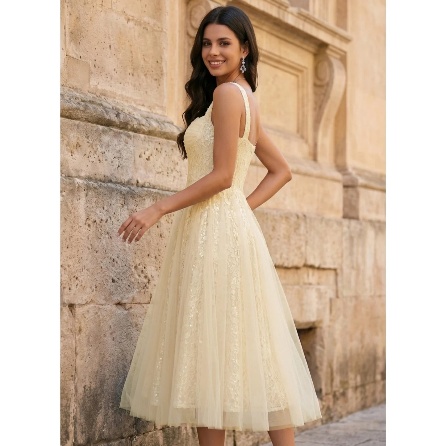 Elegant A-Line Square Neck Sleeveless Sequin Tulle Light Yellow Midi Prom Dress