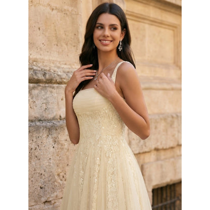 Elegant A-Line Square Neck Sleeveless Sequin Tulle Light Yellow Midi Prom Dress