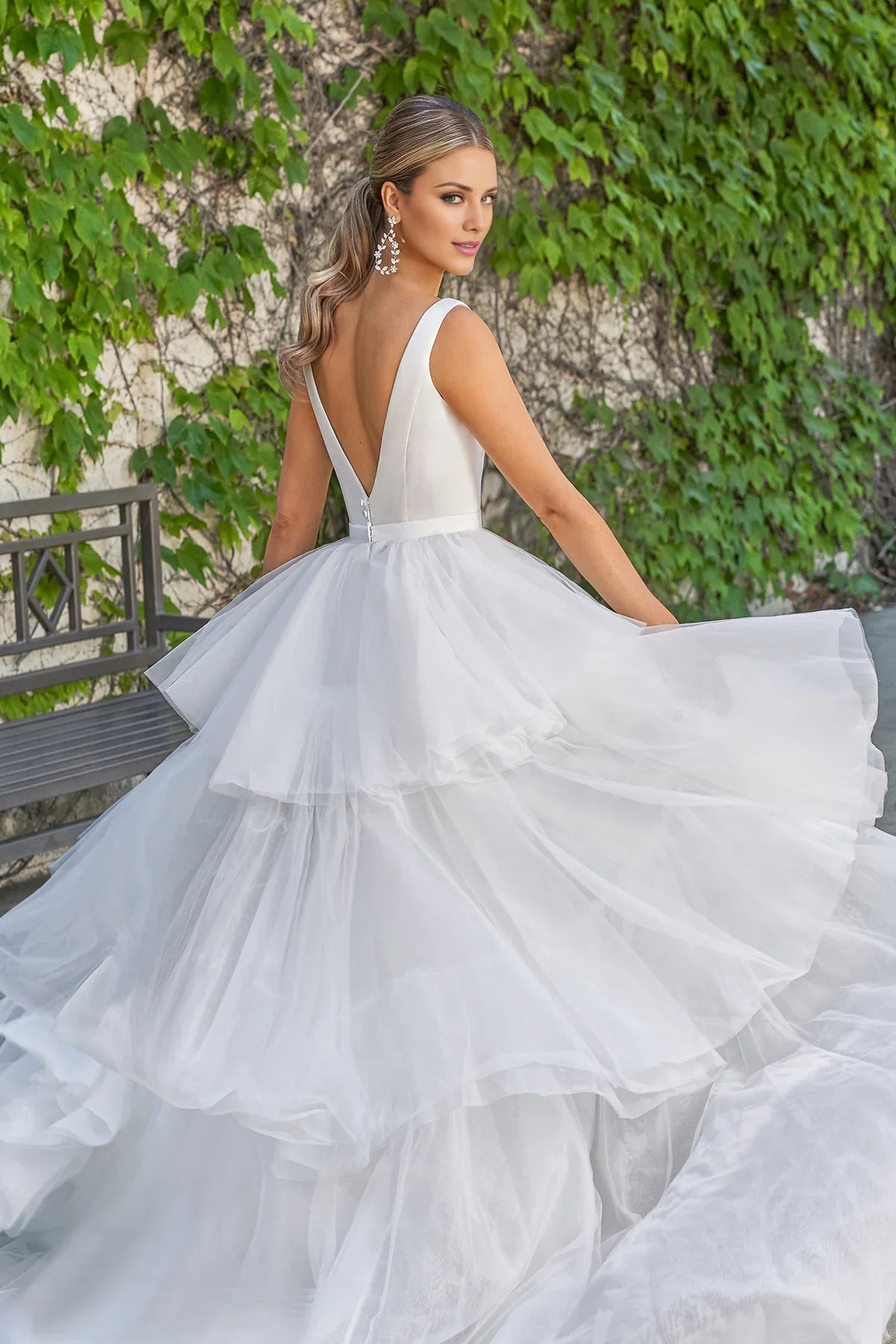 Elegant A-Line Square Neck Sleeveless Tiered White Floor-Length Wedding Gown
