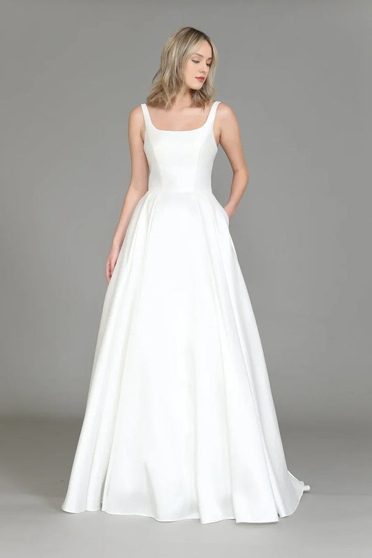 Elegant A-Line Square Neck Sleeveless Timeless White Floor-Length Wedding Dresses