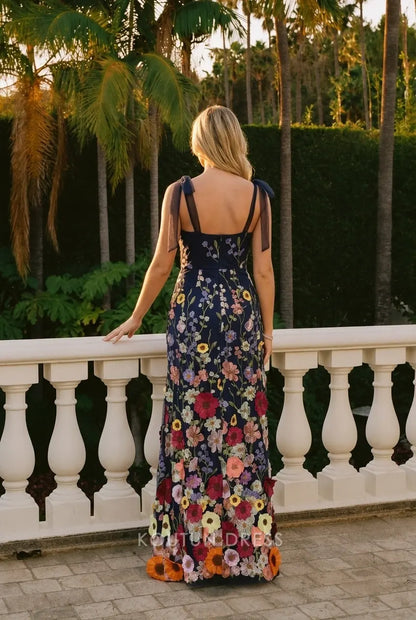 Elegant A-Line Square Neck Tie-Strap Floral Embroidered Navy Floor-Length Prom Dress