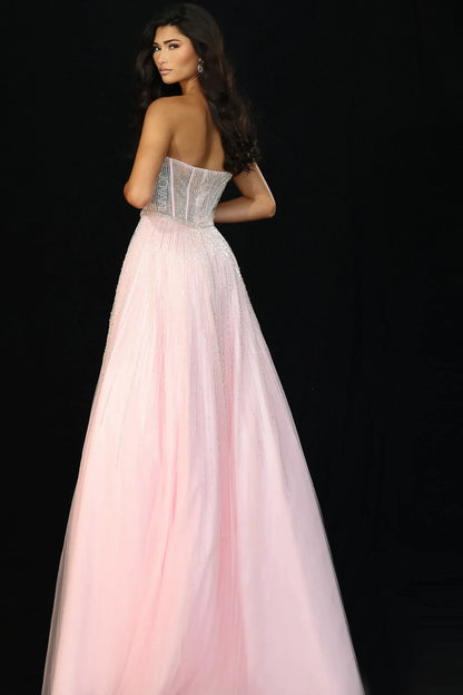 Elegant A-Line Strapless Beaded Blush Pink Floor-Length Evening Dress Gown