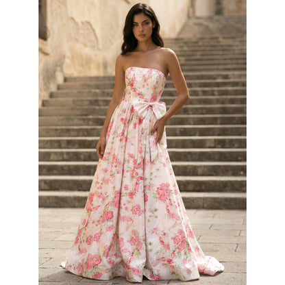Elegant A-Line Strapless Bow-Accent Floral Floor-Length Prom Dresses for Women