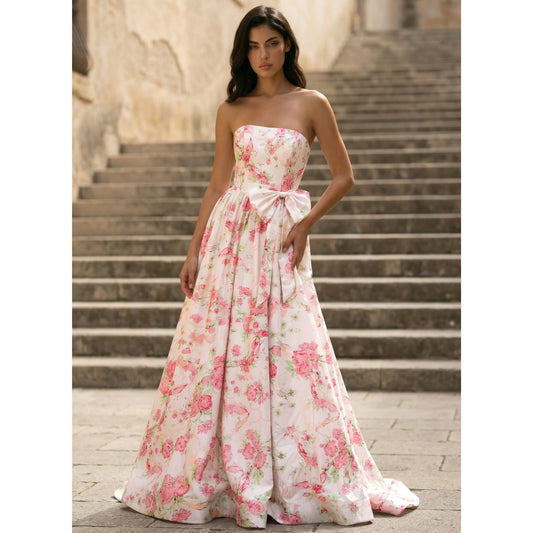 Elegant A-Line Strapless Bow-Accent Floral Floor-Length Prom Dresses for Women